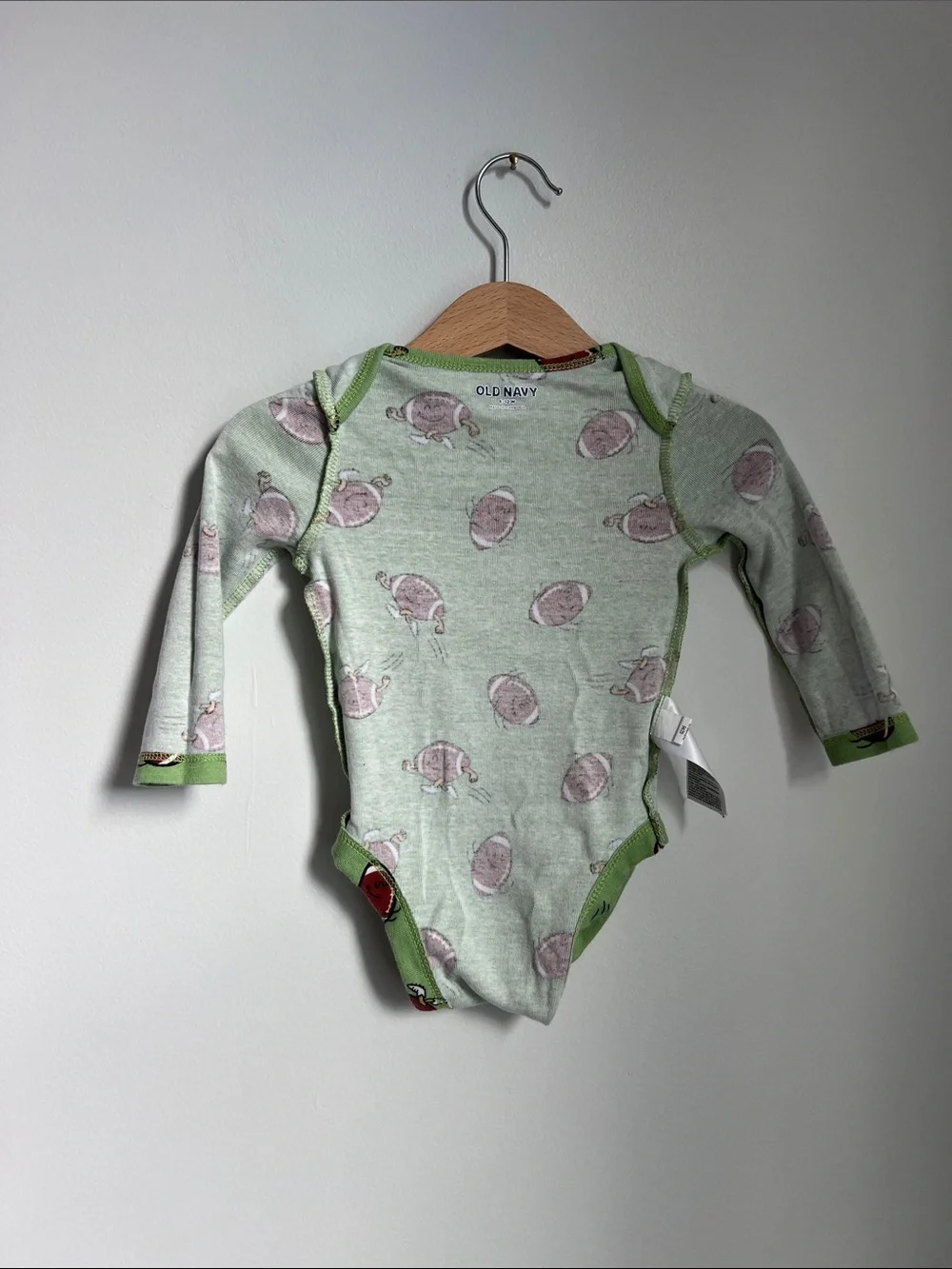 Old Navy | 100% Cotton Green Football-Print Long-Sleeve Baby Bodysuit Sz 6-12M